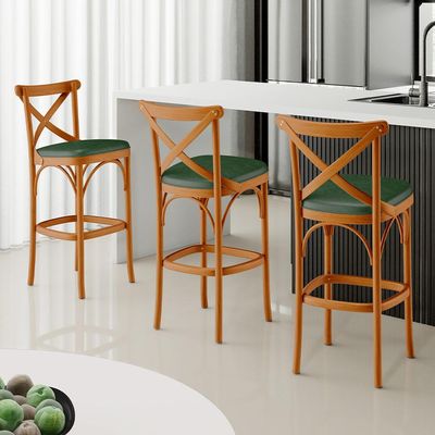 Kit 06 Banquetas Altas Cozinha Bancada Sala Jantar Estofada Ávila L02 Couríssimo Verde Musgo - Lyam