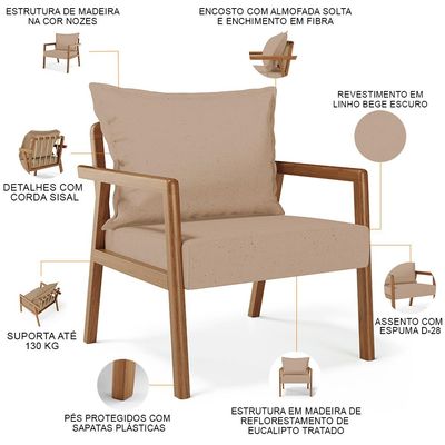 Poltrona Decorativa Para Sala de Estar e Living Alícia B04 Linho Bege Escuro - Lyam Decor