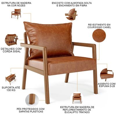 Poltrona Decorativa Para Sala de Estar e Living Alícia B04 Couríssimo Camel - Lyam Decor