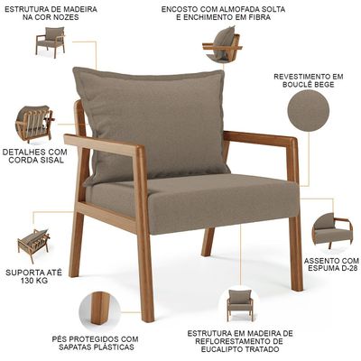 Poltrona Decorativa Para Sala de Estar e Living Alícia B04 Bouclê Bege - Lyam Decor