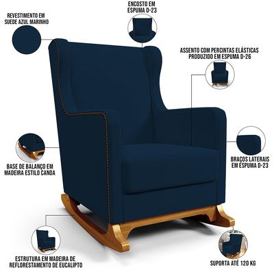 Poltrona de Amamentação com Balanço Mavie L02 Suede Azul Marinho - Lyam Decor