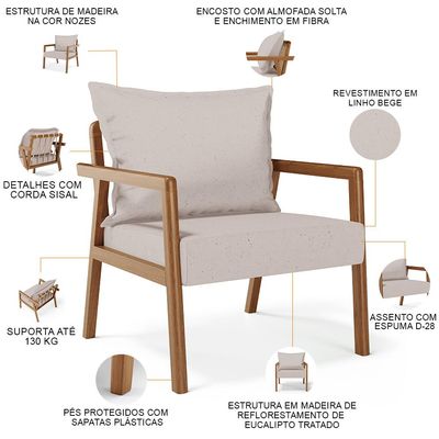 Poltrona Decorativa Para Sala de Estar e Living Alícia B04 Linho Bege - Lyam Decor