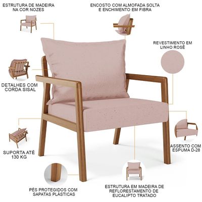 Poltrona Decorativa Para Sala de Estar e Living Alícia B04 Linho Rosê - Lyam Decor