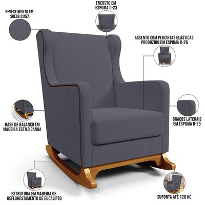 Poltrona de Amamentação com Balanço Mavie L02 Suede Cinza - Lyam Decor