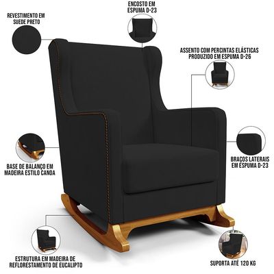 Poltrona de Amamentação com Balanço e Puff Mavie L02 Suede Preto - Lyam Decor