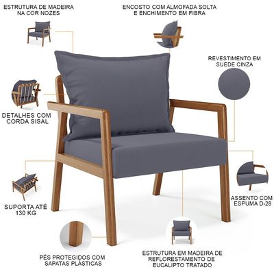 Poltrona Decorativa Para Sala de Estar e Living Alícia B04 Suede Cinza - Lyam Decor