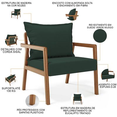 Poltrona Decorativa Para Sala de Estar e Living Alícia B04 Suede Verde Musgo - Lyam Decor