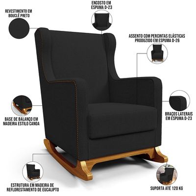 Poltrona de Amamentação com Balanço Mavie L02 Bouclê Preto - Lyam Decor