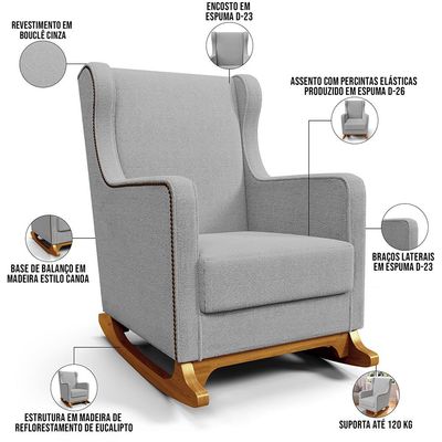 Poltrona de Amamentação com Balanço Mavie L02 Bouclê Cinza - Lyam Decor