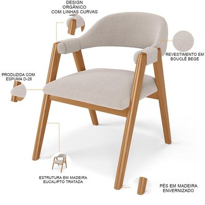 Kit 02 Cadeiras de Jantar e Estar Living Estofada Nadja L02 Bouclê Bege - Lyam Decor