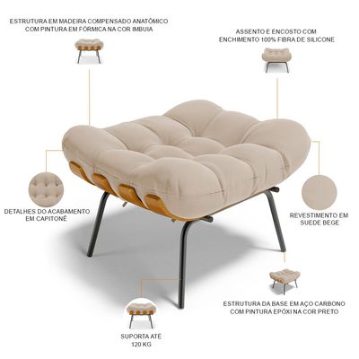 Puff Decorativo Sala de Estar Costela L02 Suede Bege - Lyam Decor