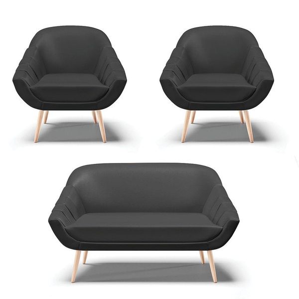 Kit 01 Namoradeira E 02 Poltronas Corino Preto Natural
