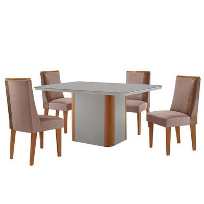 Mesa De Jantar Isadora 120cm Tampo Mdf Vidro Com 4 Cadeiras Linho Capuccino Tork Natural Off White Serigueira