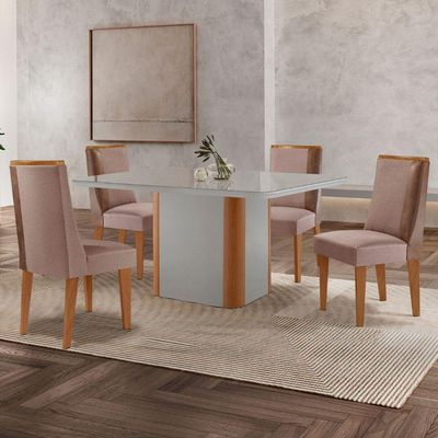 Mesa De Jantar Isadora 120cm Tampo Mdf Vidro Com 4 Cadeiras Linho Capuccino Tork Natural Off White Serigueira