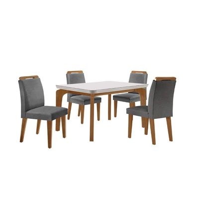 Conjunto Mesa Liz 120cm Com Vidro Cp 4 Cadeiras Athenas Moderna Linho Grafite Off White Imbuia