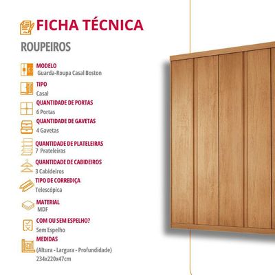 Guarda Roupa Casal Boston 6 Portas 4 Gavetas Moderna Naturalle