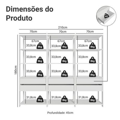 Estante Armário Multiuso Para Livros 6 Gavetas 12 Prateleiras 210cm Madesa Branco