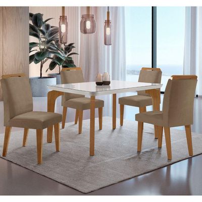 Conjunto Mesa Liz 120cm Com Vidro Cp 4 Cadeiras Athenas Moderna Veludo Capuccino Off White Imbuia