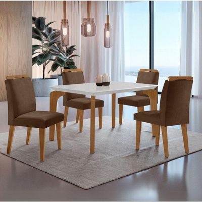 Conjunto Mesa Liz 120cm Com 4 Cadeiras Athenas Moderna Veludo Marrom Off White Imbuia