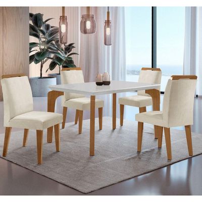 Conjunto Mesa Liz 120cm Com 4 Cadeiras Athenas Moderna Veludo Creme Off White Imbuia