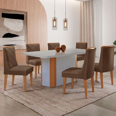 Conjunto Mesa Jantar Isadora 180cm 6 Cadeiras Isadora Moderna Mobília Veludo Marrom Off White Naturale