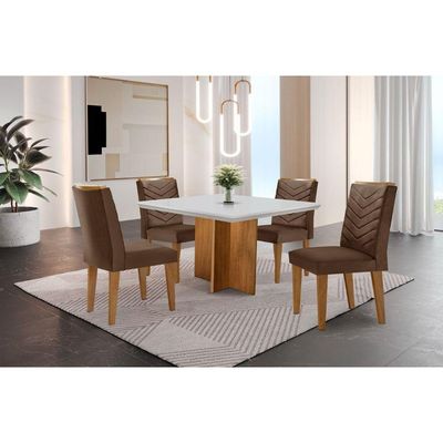 Conjunto Mesa Olímpia 90cm Em Mdf 4 Cadeiras Liz Moderna Veludo Marrom Off White Imbuia