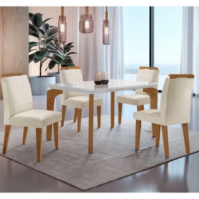 Conjunto Mesa Liz 120cm Com Vidro 4 Cadeiras Athenas Moderna Veludo Creme Off White Imbuia
