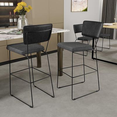 Kit 02 Banquetas Altas Sala Jantar Fixa Allana L02 Couríssimo Preto Linho Cinza Escuro - Lyam Decor