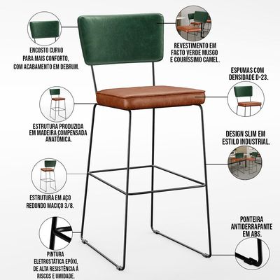 Kit 06 Banquetas Altas Sala Jantar Fixa Allana L02 Facto Verde Musgo Couríssimo Camel - Lyam Decor