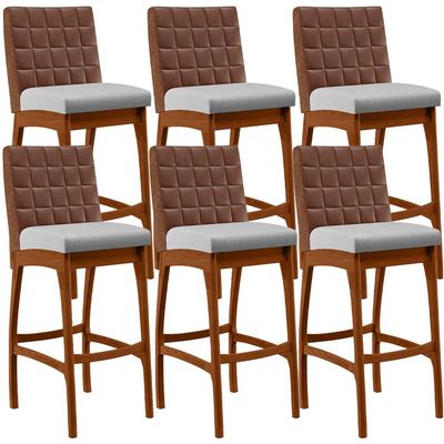 Kit 06 Banquetas Altas Cozinha Sala Jantar Fixa Mila B04 Couríssimo Marrom Linho Cinza - Lyam Decor