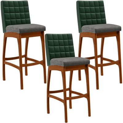 Kit 03 Banquetas Altas Sala Jantar Fixa Mila B04 Facto Verde Musgo Linho Cinza Escuro - Lyam Decor