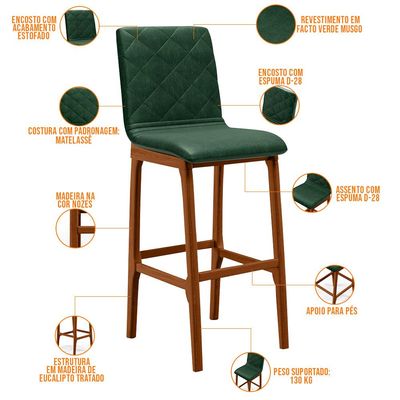 Kit 04 Banquetas Altas Para Cozinha Sala de Jantar Fixa Zoe B04 Facto Verde Musgo - Lyam Decor