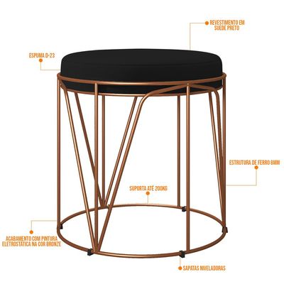 Kit 02 Puffs Decorativo Aramado Bronze Zaya L02 Suede Preto - Lyam Decor