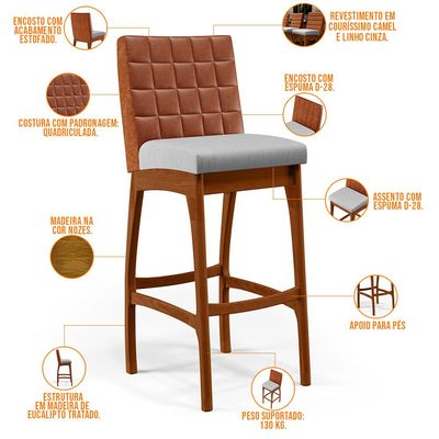 Kit 05 Banquetas Altas Cozinha Sala Jantar Fixa Mila B04 Couríssimo Camel Linho Cinza - Lyam Decor