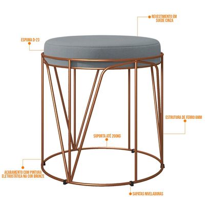 Kit 03 Puffs Decorativo Aramado Bronze Zaya L02 Suede Cinza - Lyam Decor