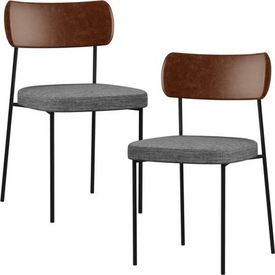 Kit 02 Cadeiras Estofadas Para Sala De Jantar Melina L02 Couríssimo Marrom Linho Cinza Escuro - Lyam Decor