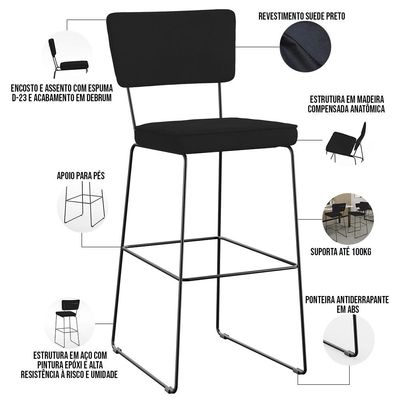 Kit 03 Banquetas Alta Para Cozinha Sala De Jantar Base Em Aço Allana L02 Suede Preto - Lyam Decor