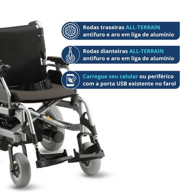 Cadeira de Rodas Motorizada Dobrável D1000 Com Apoio de Cabeça Dellamed Prata e Preto