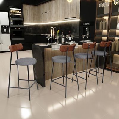 Kit 02 Banquetas Baixa Cozinha Jantar Milão L02 Couríssimo Marrom Linho Cinza Escuro - Lyam Decor