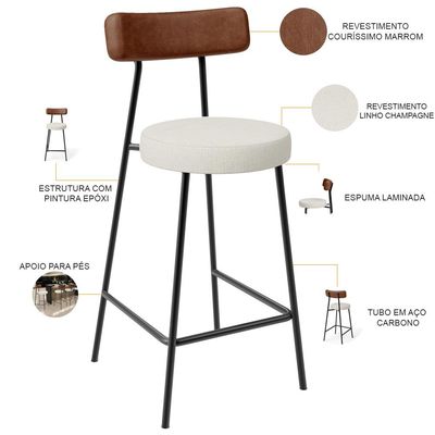 Kit 03 Banquetas Baixa Cozinha Sala Jantar Milão L02 Couríssimo Marrom Linho Champagne - Lyam Decor