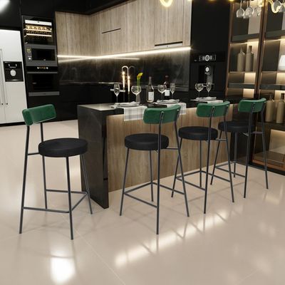 Kit 06 Banquetas Baixa Bar Cozinha Sala De Jantar Milão L02 Facto Verde Preto - Lyam Decor