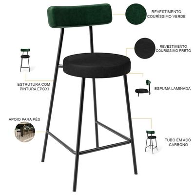 Kit 06 Banquetas Baixa Bar Cozinha Sala De Jantar Milão L02 Facto Verde Preto - Lyam Decor