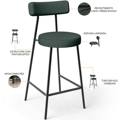 Banqueta Baixa Para Cozinha Sala De Jantar Bar Bancada Milão L02 Linho Verde Musgo - Lyam Decor