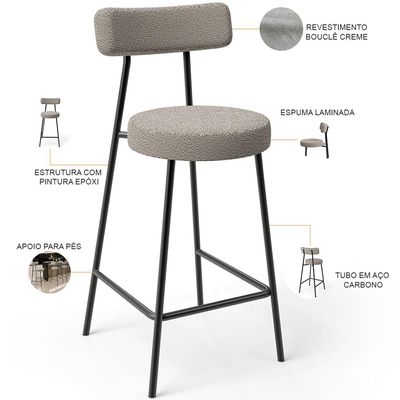 Kit 02 Banquetas Baixa Para Cozinha Sala De Jantar Bar Bancada Milão L02 Bouclê Creme - Lyam Decor