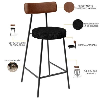 Kit 05 Banquetas Baixa Cozinha Sala De Jantar Milão L02 Couríssimo Marrom Linho Chumbo - Lyam Decor