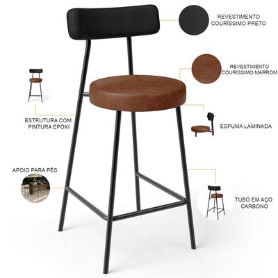 Kit 05 Banquetas Baixa Cozinha Sala Jantar Bancada Milão L02 Couríssimo Preto Marrom - Lyam Decor