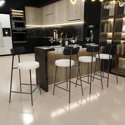 Kit 04 Banquetas Baixa Cozinha Sala Jantar Milão L02 Couríssimo Preto Linho Champagne - Lyam Decor