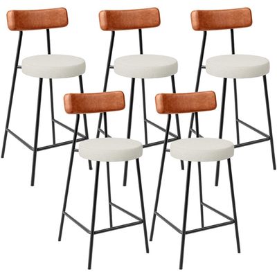 Kit 05 Banquetas Baixa Cozinha Sala Jantar Milão L02 Couríssimo Camel Linho Champagne - Lyam Decor
