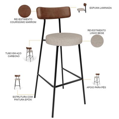Kit 03 Banquetas Alta Cozinha Bar Sala Jantar Milão L02 Couríssimo Marrom Linho Bege - Lyam Decor
