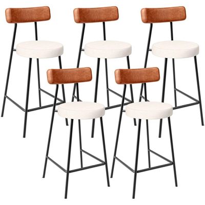Kit 05 Banquetas Baixa Cozinha Sala Jantar Milão L02 Couríssimo Camel Linho Cru - Lyam Decor